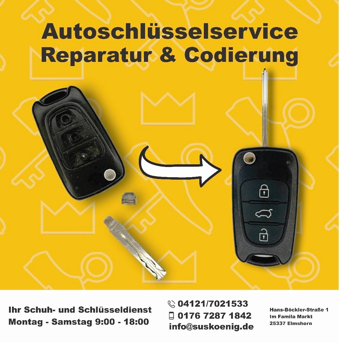 Defektes Autoschlüsselgehäuse vor und nach der Reparatur